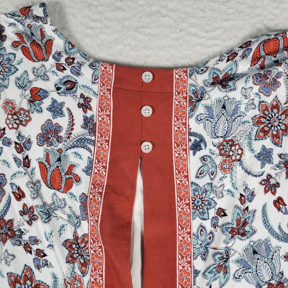 J. Jill Wearever Tunic Top Women L Petite Blue Rust Floral Paisley Split Back - Picture 10 of 11
